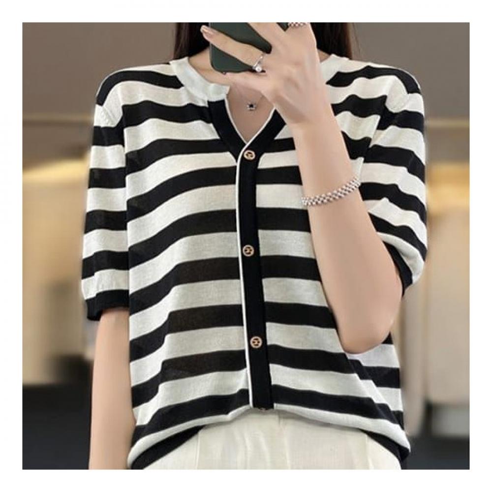 Navava Women Casual Simple Striped Short Sleeve Knit Nk2046