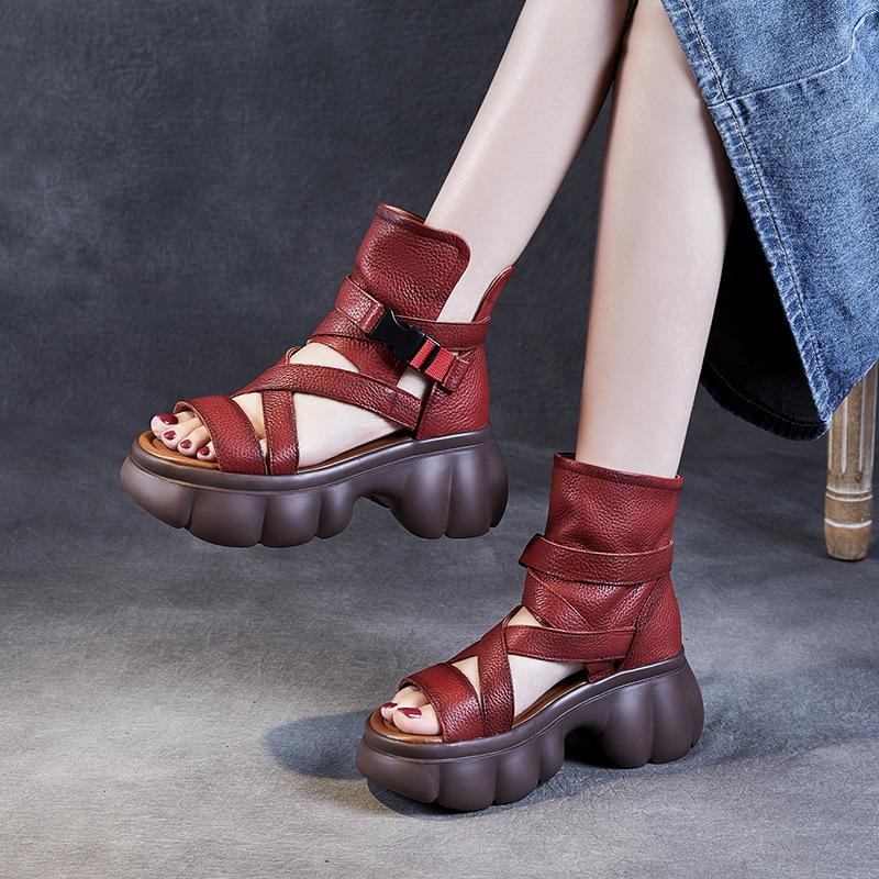 Women's Shoe Toe Layer Cowhide Roman Style Thick Soled Sandals Women's Fish Mouth Buckle Leather Cool Boots