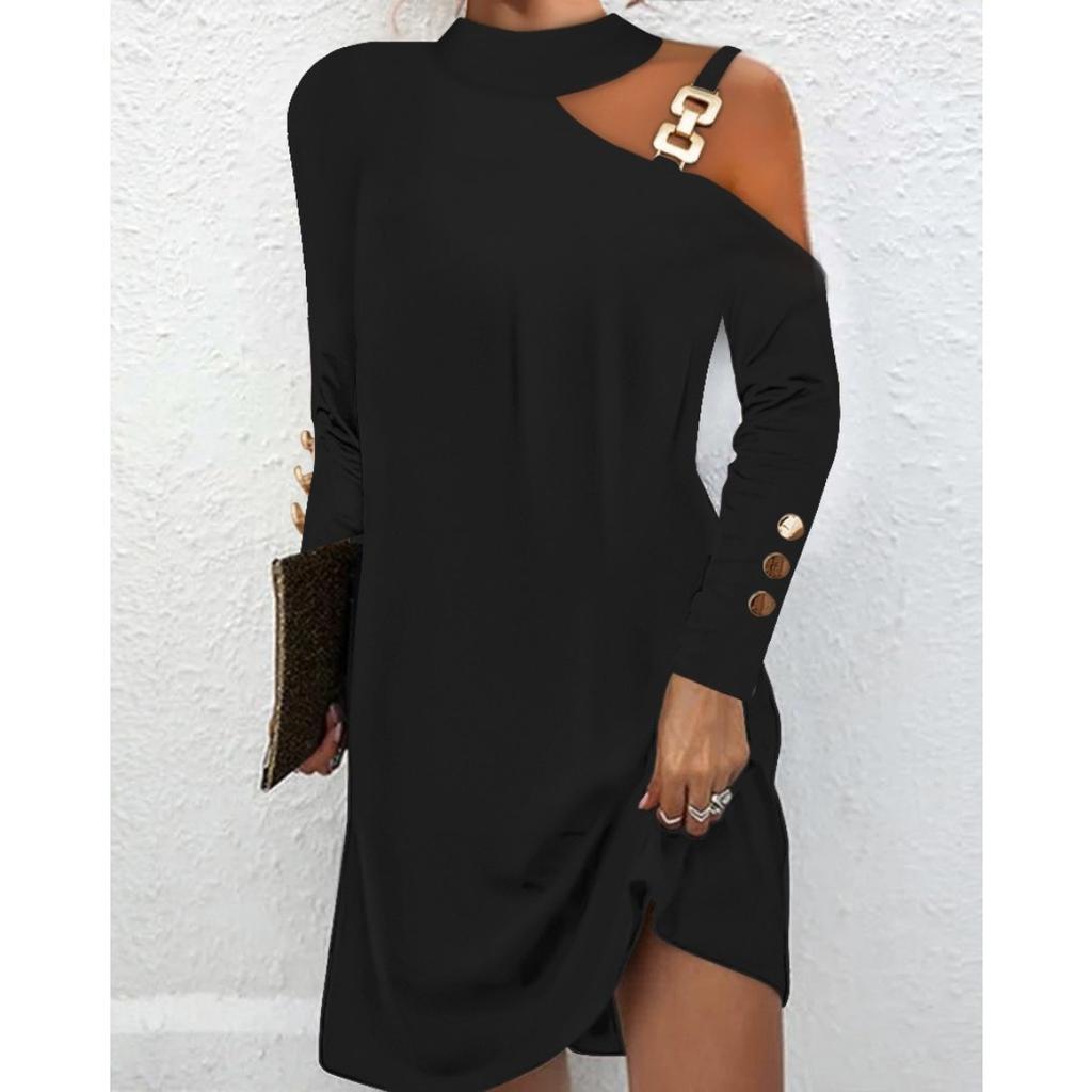 Autumn Simple Metal-buttoned Neck-hanging Dress for Women