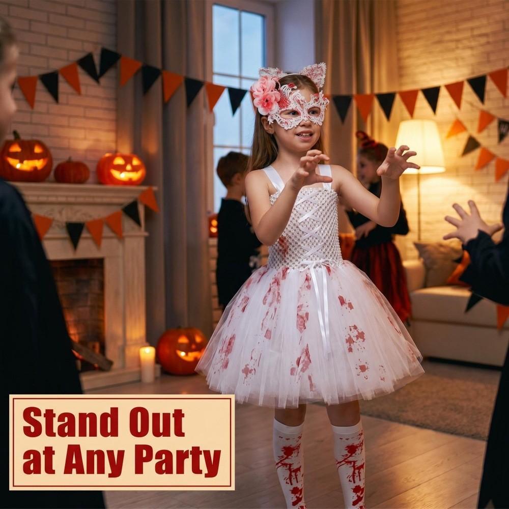 Krwawa Nić Zombie Panna Młoda Dziecięca Sukienka Tiulowa z Koronką Na Kostium Halloweenowy
