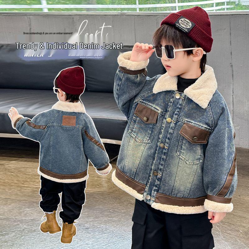 Boys  Fleece-Lined Denim Parka - Warm Winter Jacket 90 (Height 80-90cm)