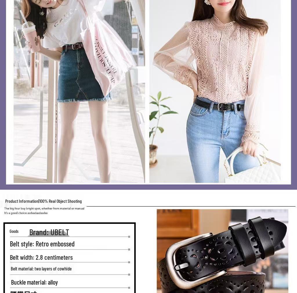 Womens Belt Genuine Vintage Leather With Alloy Pin Buckle Versatile Decorative Waist Accessory