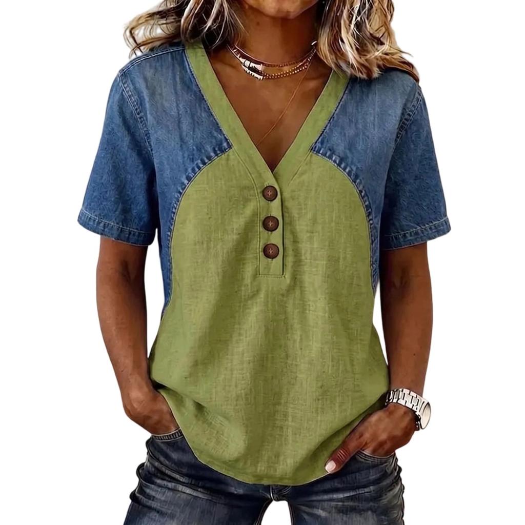 Top da Donna Scollo a V Manica Corta Patchwork di Denim Vestibilità Larga T-shirt Casual Dettaglio Bottoni Camicetta Estiva