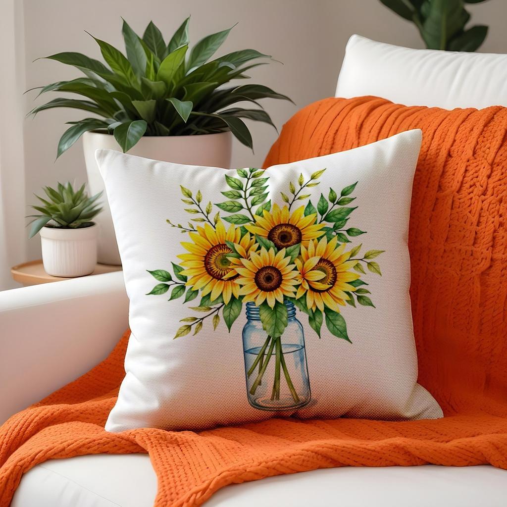Oil Painting Sunflower Cushion Cover 2D Peach Skin Pillow Case Butterfly Blue Sky Decorative Throw Pillows For Sofa Living Room