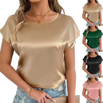Top de Manga Corta de Moda Casual para Mujer de Color Sólido con Cuello Redondo