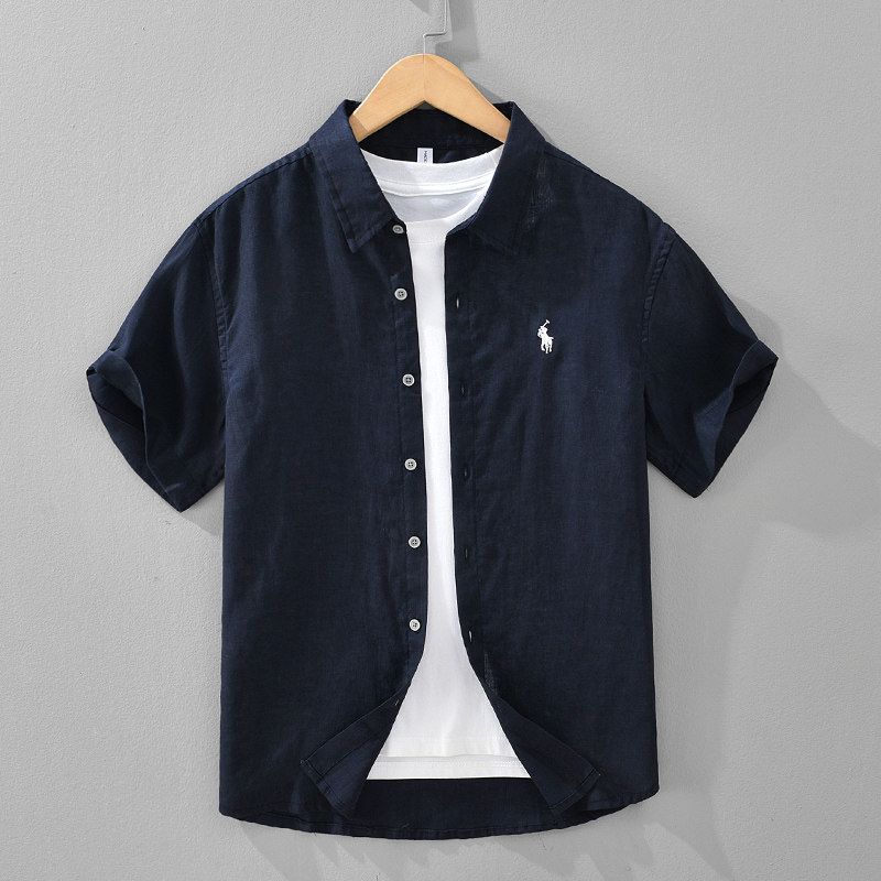 High-End Pure Linen Shirts for Men, Short-Sleeved Printed Tops, Summer Thin Breathable Cotton-Linen Shirts