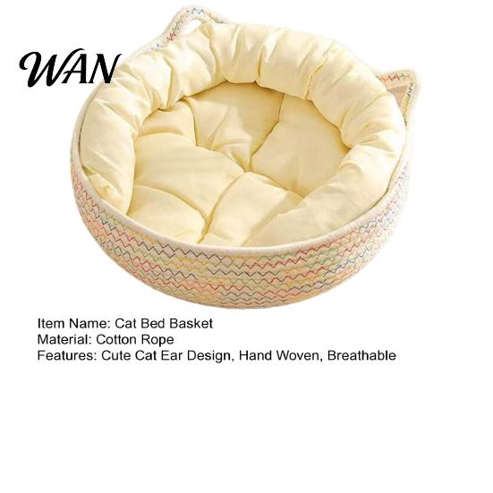 Panier Nid de Couchage pour Chat Corde de Coton Animal de Compagnie avec Design d'Oreilles Tissé à la Main pour Chats Chiots Lapins Petits Animaux Coussin