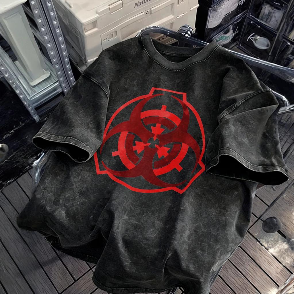 Novelty SCP- Biohazard T-Shirt for Men Crewneck Cotton Washed T Shirts Short Sleeve Tees Plus Size Tops