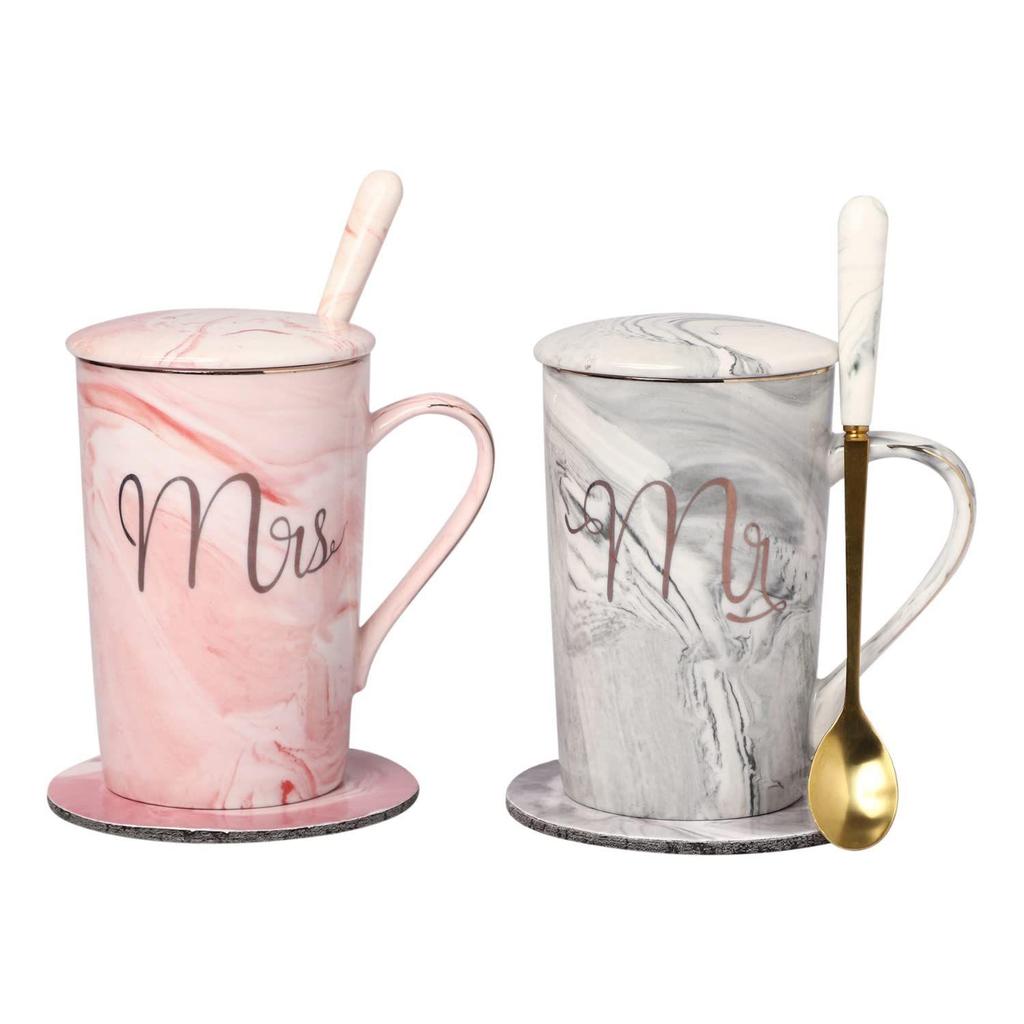 Coffee Mug, Marriage Gifts for Wedding, Couple Gift, Christmas Gifts, Mr & Mrs Set of 2 Coffee Mugs, Lids, Ceramic Spoons, Coasters