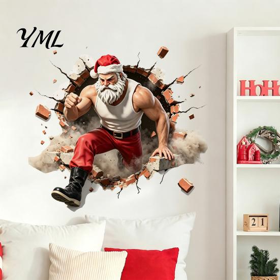 Seasonal Window Decorations Muscle Santa Claus Break Through Wall Christmas Decal, 3D Cracked Brick Gift for Friends Self?Adhesive Sticker,
