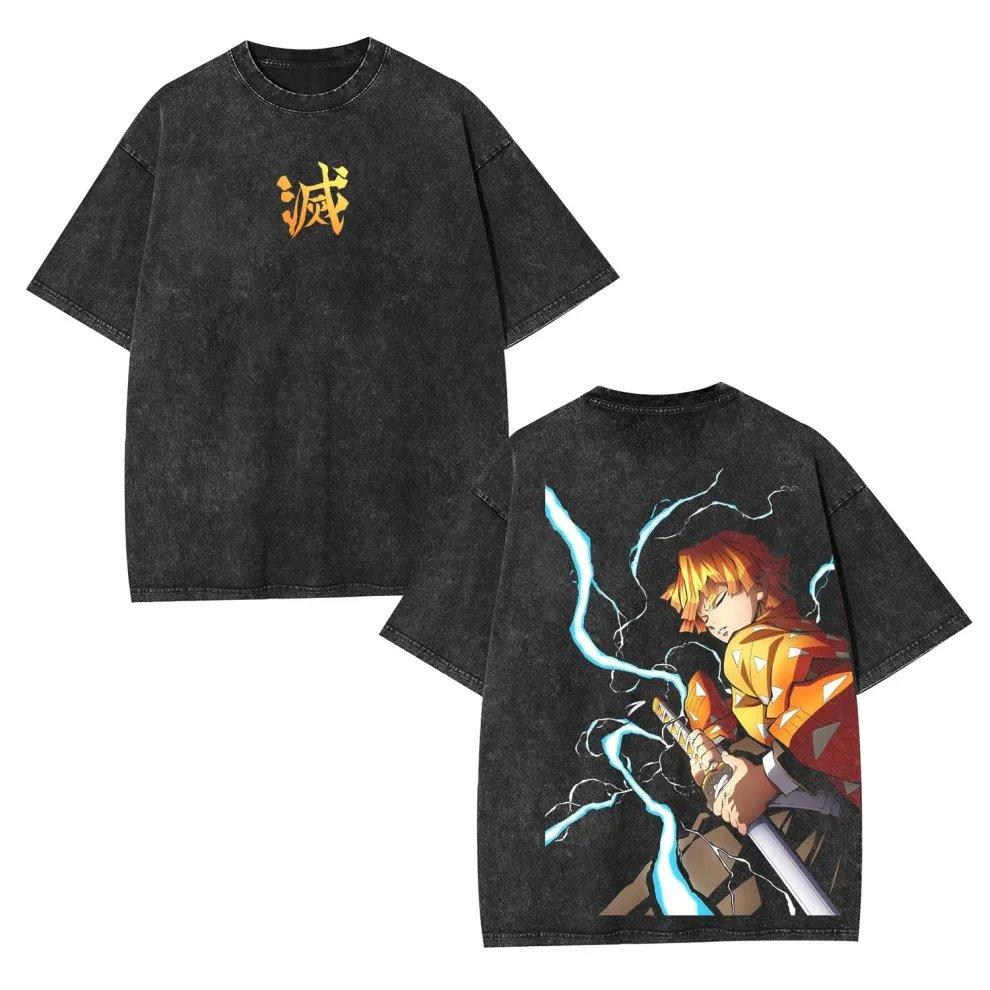 Anime Demon Slayer T-shirt Vintage Washed Cotton Printed T-shirt Street Style Short-sleeved Men Round-neck T-shirt