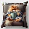 1Pc Funny Cat In Bathrobe Print Throw Pillow Cover, 2D Double-Sided Polyester Cushion Case, Cozy Lazy Cat Home Decor Pillow, Gif
