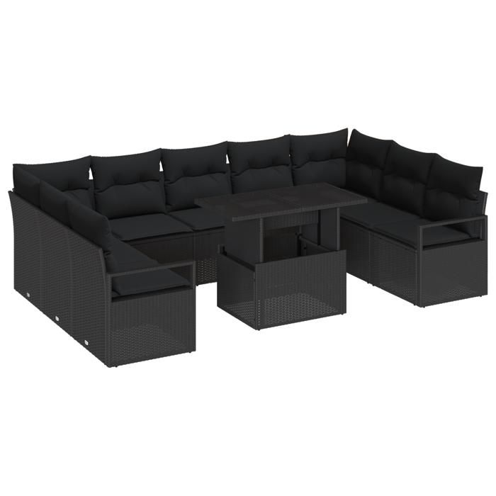 VidaXL Ensemble de Canapé de Jardin 10 Pièces avec Coussins Noir Poly Rattan 3348889