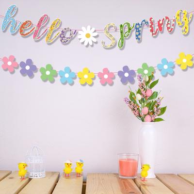 Spring Party Decor Hello Spring Banner Colorful Spring Decorations with Pom Pom Garland for Home, Office, Classroom