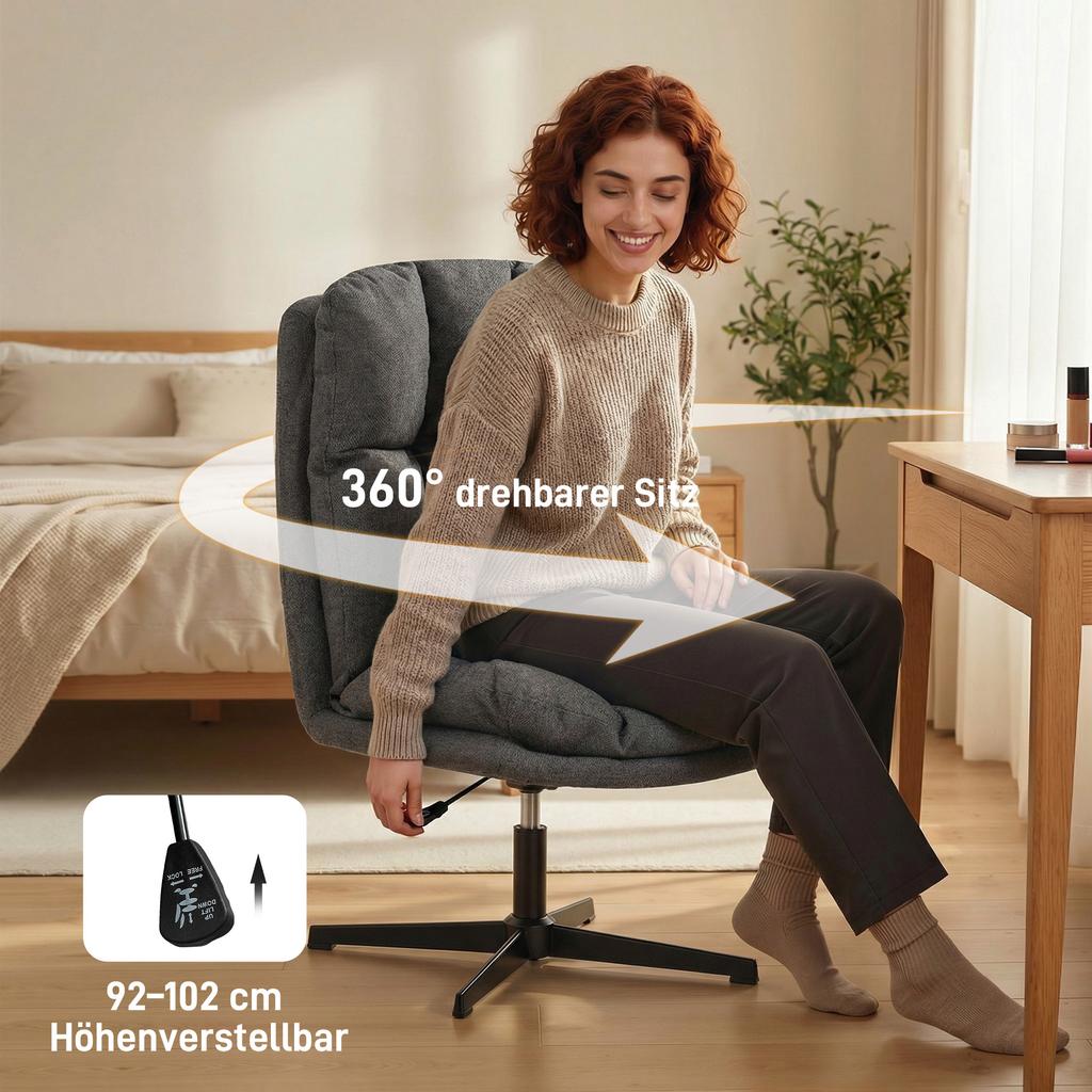 Swivel Accent Chair, Armless Reading Chair In Linen-Look Fabric with Wide Seat and Metal Legs, Dark Grey