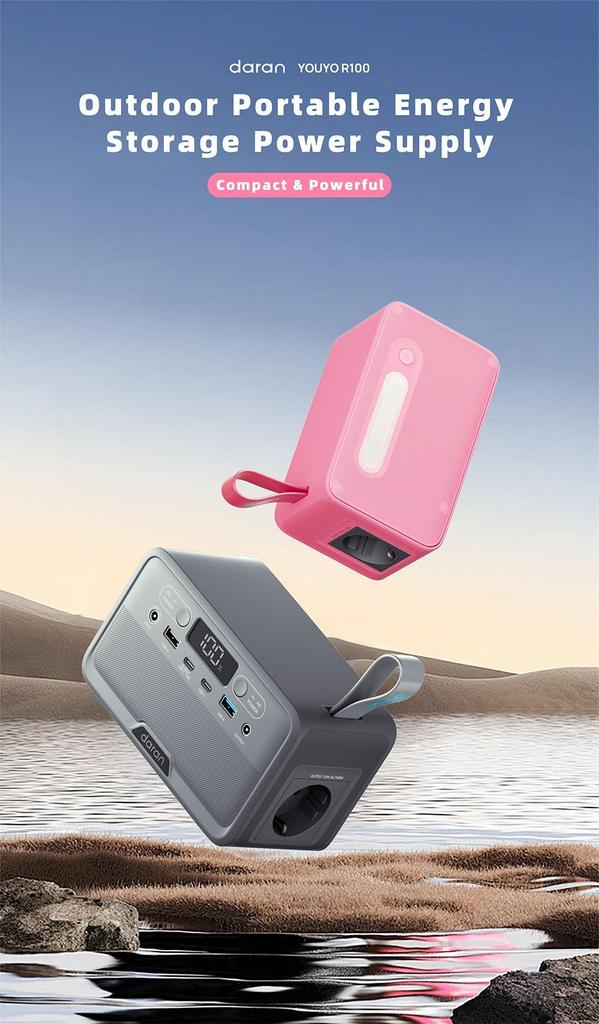 DaranEner YOUYO R100 100W Portable Power Station, 4x USB, 1x DC and 2x AC Ports, 89.6Wh LiFePO4, LED & Compact, Pink