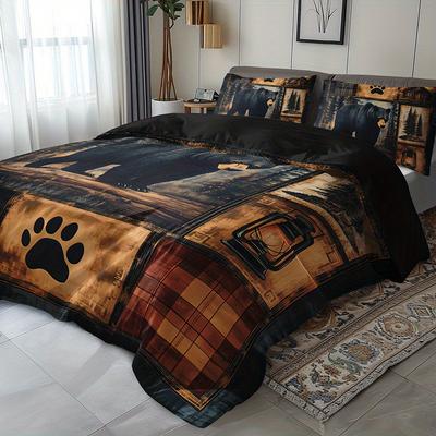 3Pcs Black Bear Cabin Patchwork Bedding Duvet Cover Set Wilderness Black Bear Bedding Quilt Set Rustic Cabin Themed Bed