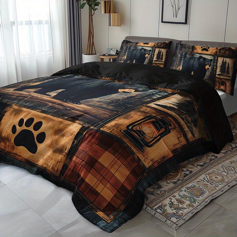 

3Pcs Black Bear Cabin Patchwork Bedding Duvet Cover Set Wilderness Black Bear Bedding Quilt Set Rustic Cabin Themed Bed Duvet Cover Set&EU Single(135x200cm)