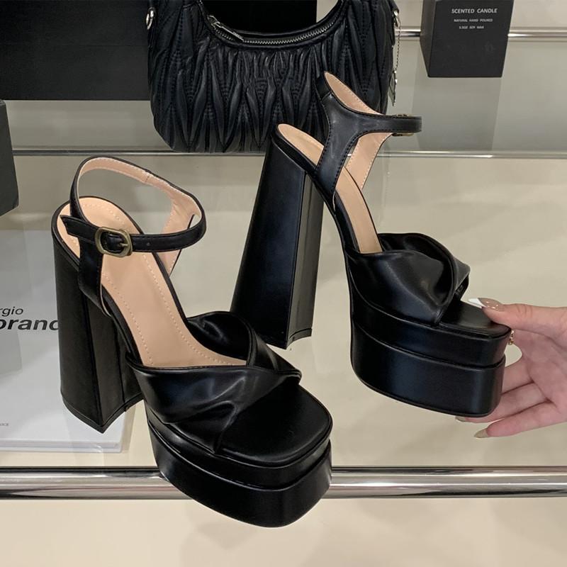 

Star style Double Platform Wedges Women Gladiator Sandals Summer 15cm Ultra High heels Chunky Party Dress Shoes Sandals 40 чёрный