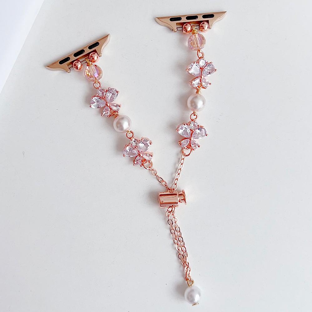 Butterfly Rhinestone Pearl Bracelet Strap for Apple Watch, Adjustable Dressy Women Wristband, Fit iWatch S11 10 9 8, 49/46/45/44/42/41/40/38mm 38/40/41/42S10 ярко-розовый/золотой