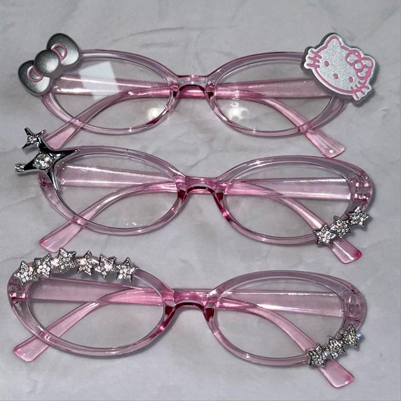 1/2Pcs Harajuku Japanese Charm Girl Hello Kitty Glasses Pink Shiny Bow Retro Y2K Hello Kitty Decorative Glasses Birthday Gift