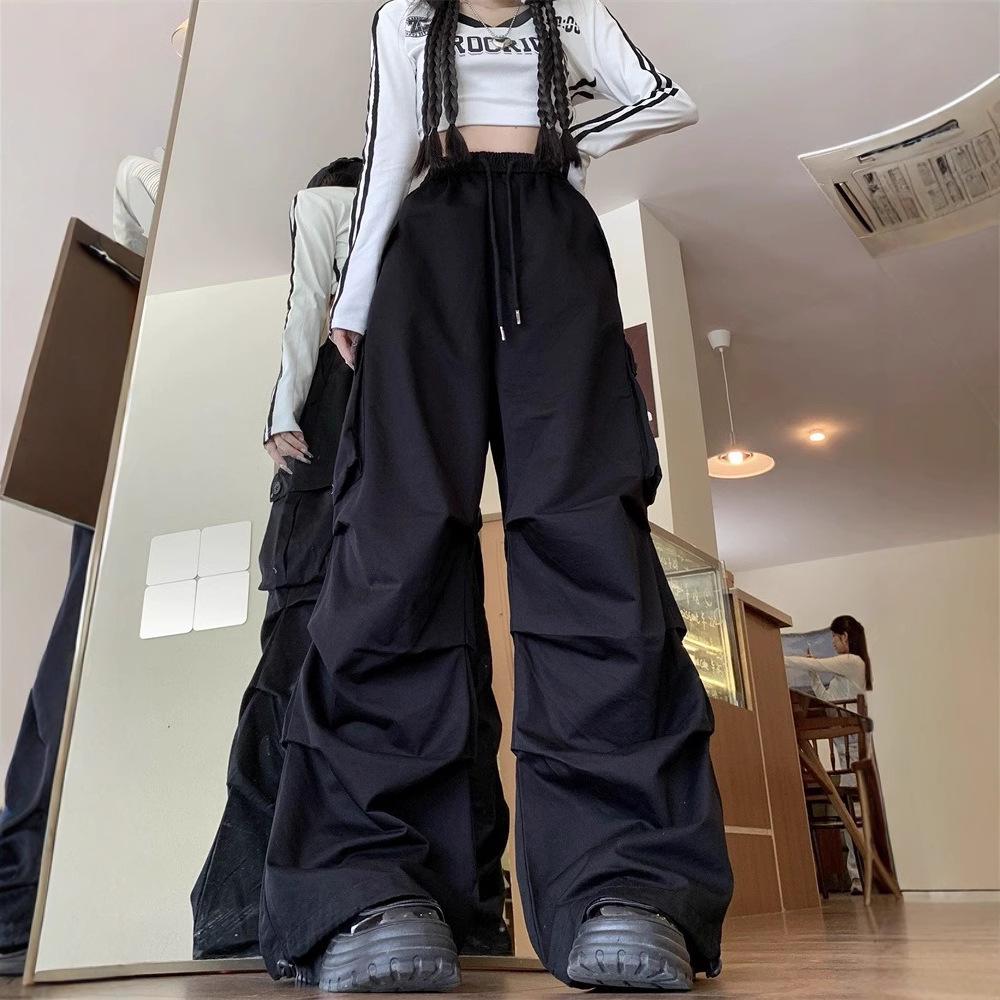Girls' Chinese Style Pleated Cargo Pants - Spring/Autumn American Street Dance, Outdoor Sports, Plus Size, Straight Leg.