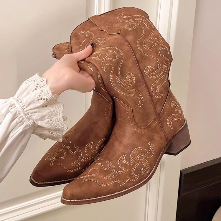Retro Pointed Women's Boots Thick Heel Sleeve Knight Boots 2025 Summer New Embroidered Mid Boots Western Cowboy Boots
