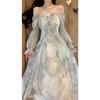 Chunxin Super Fairy Mori Temperament Gray-blue Smudged Fairy Butterfly Bronzing Lotus Leaf Edge Long-sleeved Dress