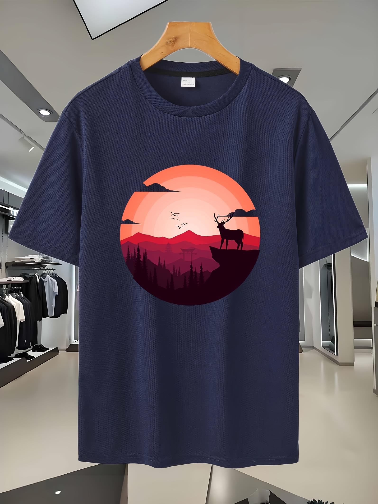 Navy Blue 30G Summer Casual Crew Neck T-shirt with Sunset Deer Silhouette Print XXL