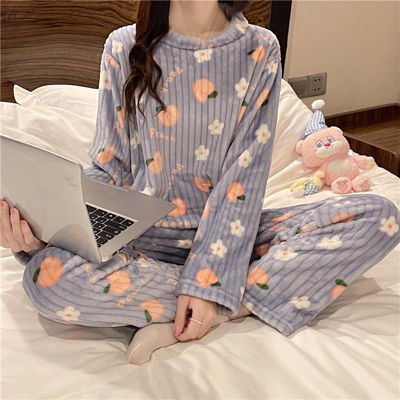 Damen Dickes Flanell Korallenfleece Pyjama Set - Niedlicher Langer Cardigan Homewear für Herbst und Winter