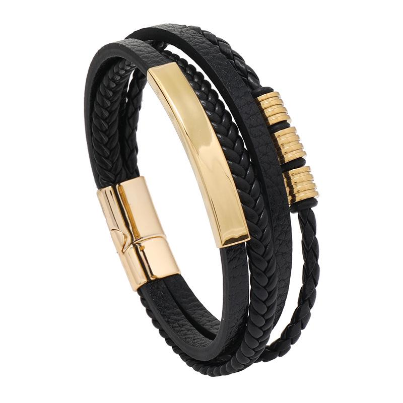 

Эксклюзивный многослойный мужской плетеный кожаный браслет с акцентами из нержавеющей стали чёрный