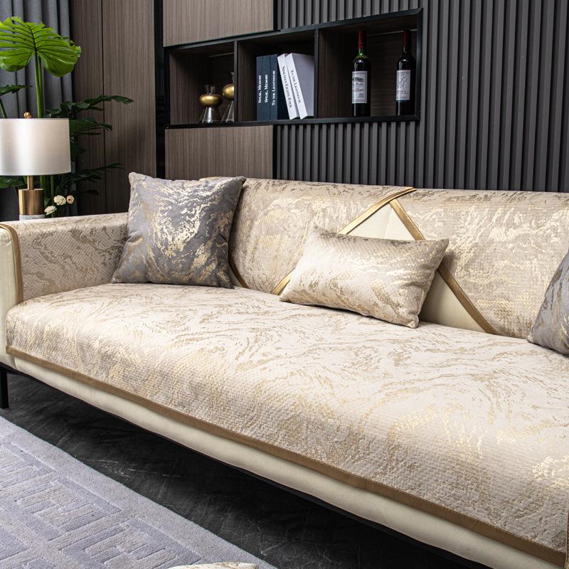 Fashion Black Anti-slip Couch Covers for Living Room, Luxury Towel, Gold Edge, Thicken Chenille Sofa Cover, Cloud Pattern,