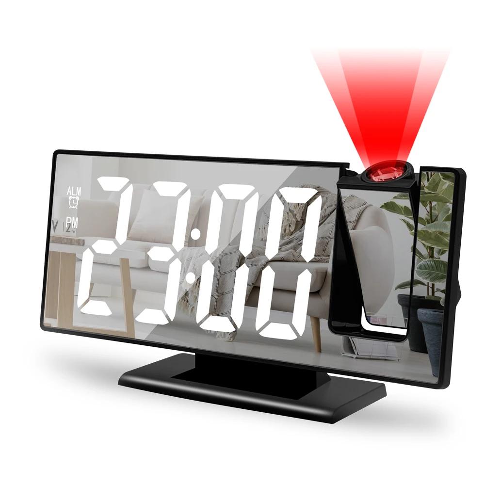 180° Arm Projection Alarm Clock Time Temperature USB Plug-in Digital Alarm Clock Snooze Table Clock 12/24H Projector LED Clock