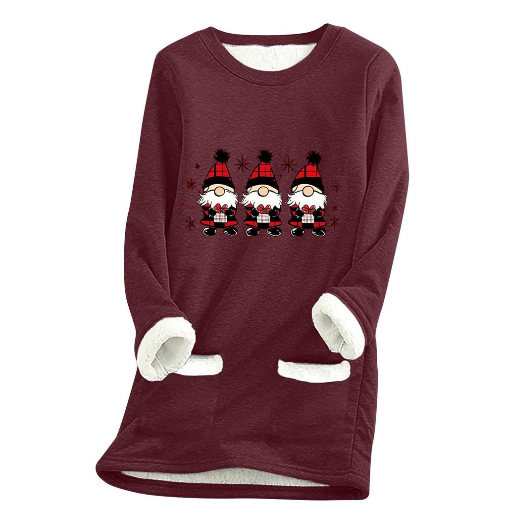 Ladies' Loose And Comfortable Round Neck Christmas Print Thick With Pockets Long Sleeved Top
