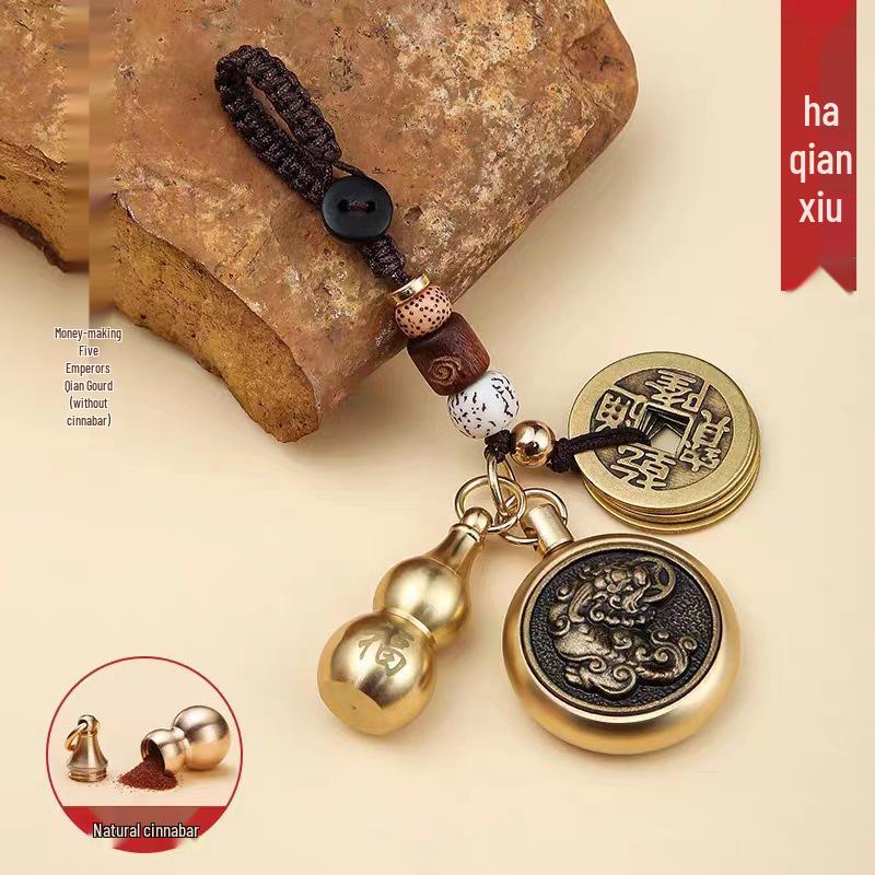 Reiner Messing Pixiu Kürbis Tierkreisanhänger mit Zinnobermünzen Schlüsselanhänger