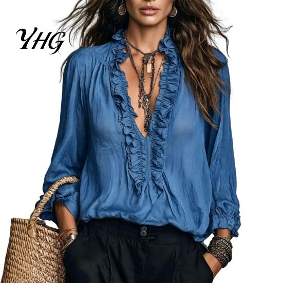Women V-neck Shirt Ruffle V-Neck Top, Solid Color Casual Long Sleeve Breathable Pullover Shirt, Retro Pleated Loose Blouse for Autumn Top