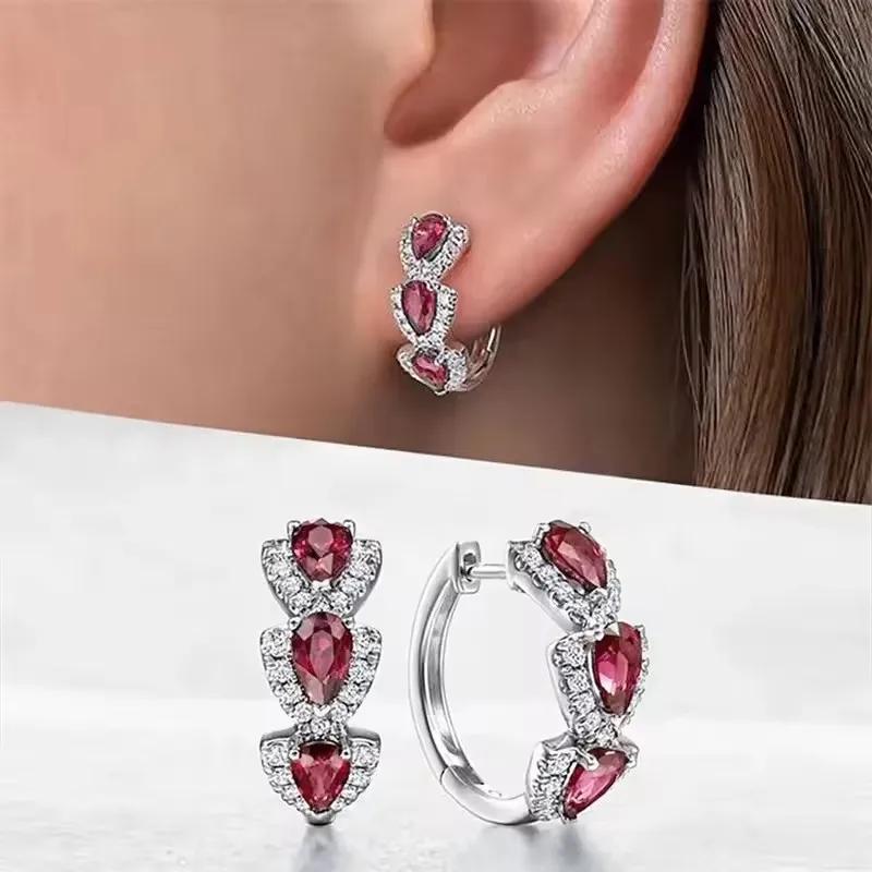 

New Droplet Shiny Synthetic Gems Decor Hoop Earrings Elegant Simple Style Banquet Party Ear Ornament Female Gift New