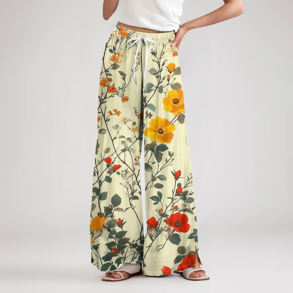 Women's Loose Casual Floral Print Wide Leg Pants With Elastic Waist Drawstring And Pocket Pants