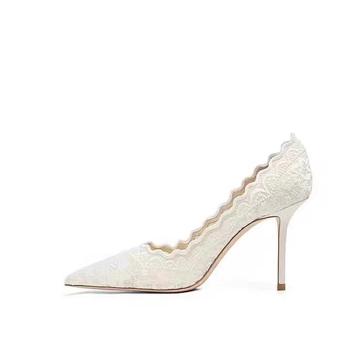White High Heels Wedding Shoes Women's Spring 2025 New Pointed Stiletto Embroidered Lace Xiuhe Wedding Bride Shoes