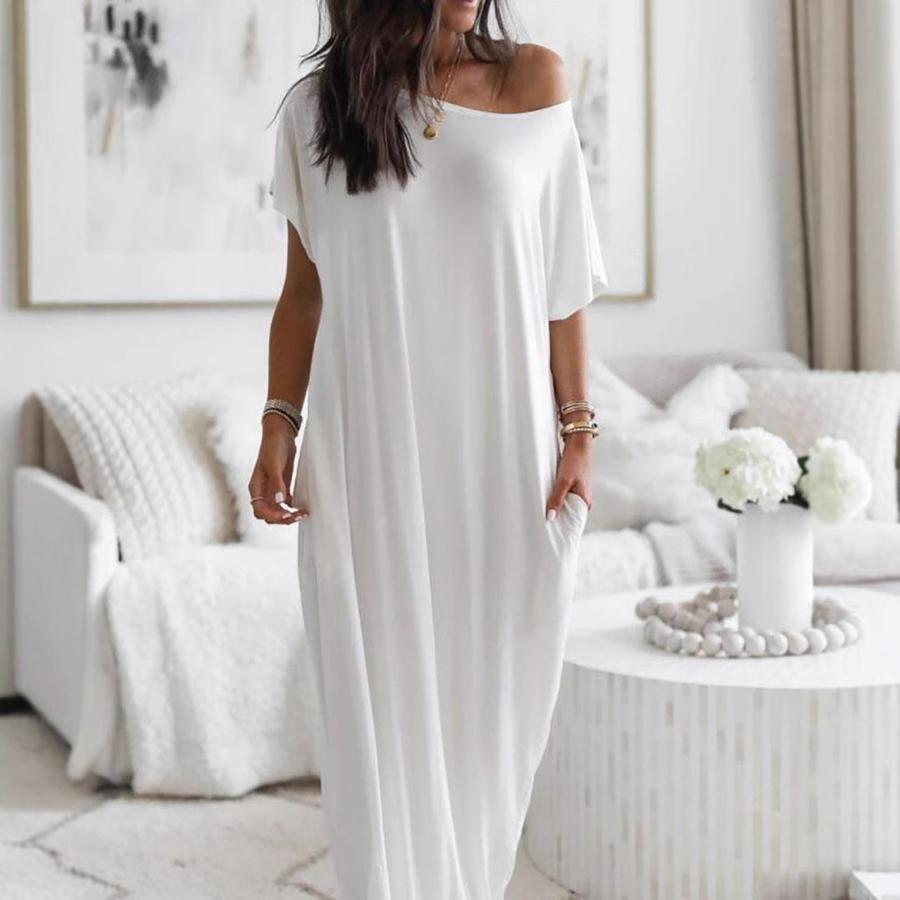 Sommer Neues Damen Einfarbiges Kurzarm Langes Lässiges Kleid