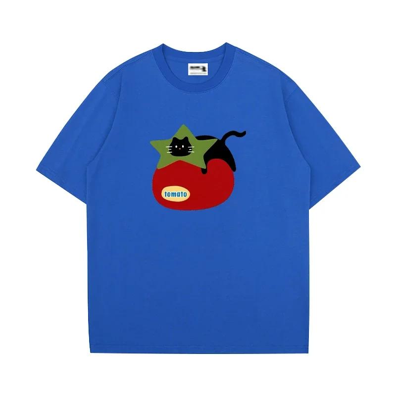 Men's Casual Tomato Cat Pattern Printed 100% Pure Cotton Short-sleeved T-shirt, Cute Kavai Humorous and Comfortable Top