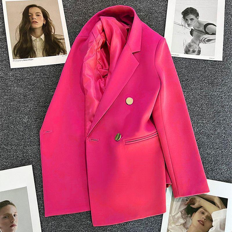 Damen Frühling Zweireiher Blazer in Uni Rot mit Knopfdetails