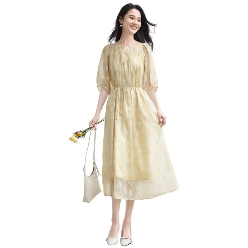 Xiangying Elegant Floral Print A-Line Midi Dress L