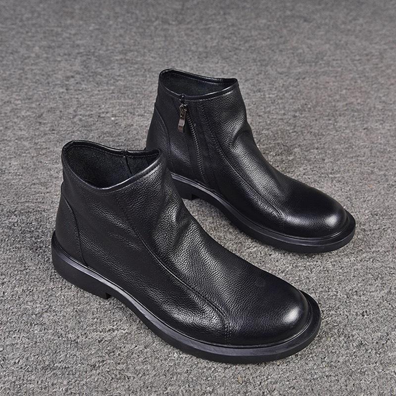 Leather Martin boots men's boots autumn and winter velvet cowhide casual boots breathable high-top wear-resistant soft leather Chelsea boots British