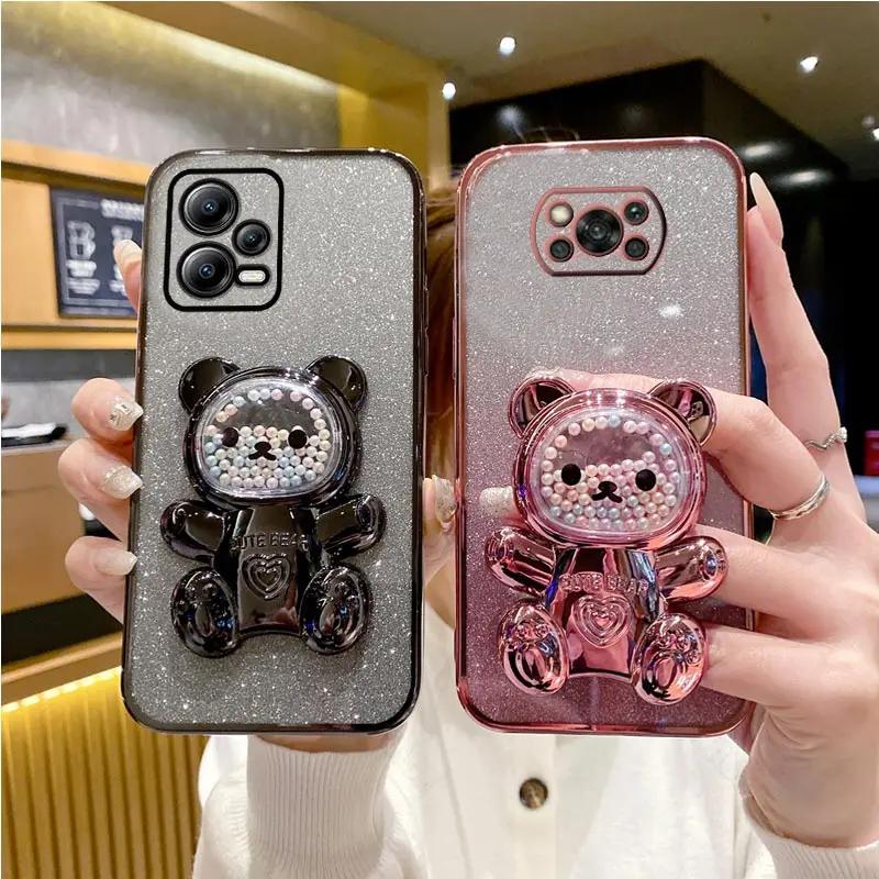 PocoX6 Pro Cute Bear Holder Bracket Glitter Plating Case On for Xiaomi Mi Poco X6 X3 X5 M6 M5 M5S M4 M3 F5 F3 F4 Pro Stand Cover