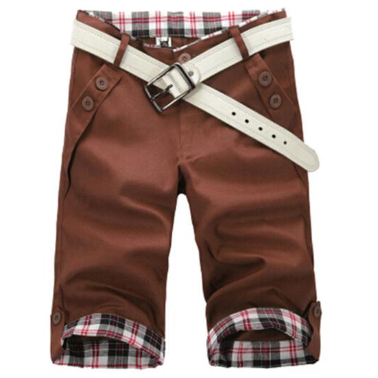 Summer Beach Casual Men Plaid Patchwork Turn Up Cuff Shorts Fifth Pants Trousers
