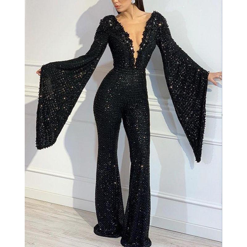 

Women Long Sleeve Casual Jumpsuit European and American Women Sequins V-neck Top Jumpsuit Black XXL