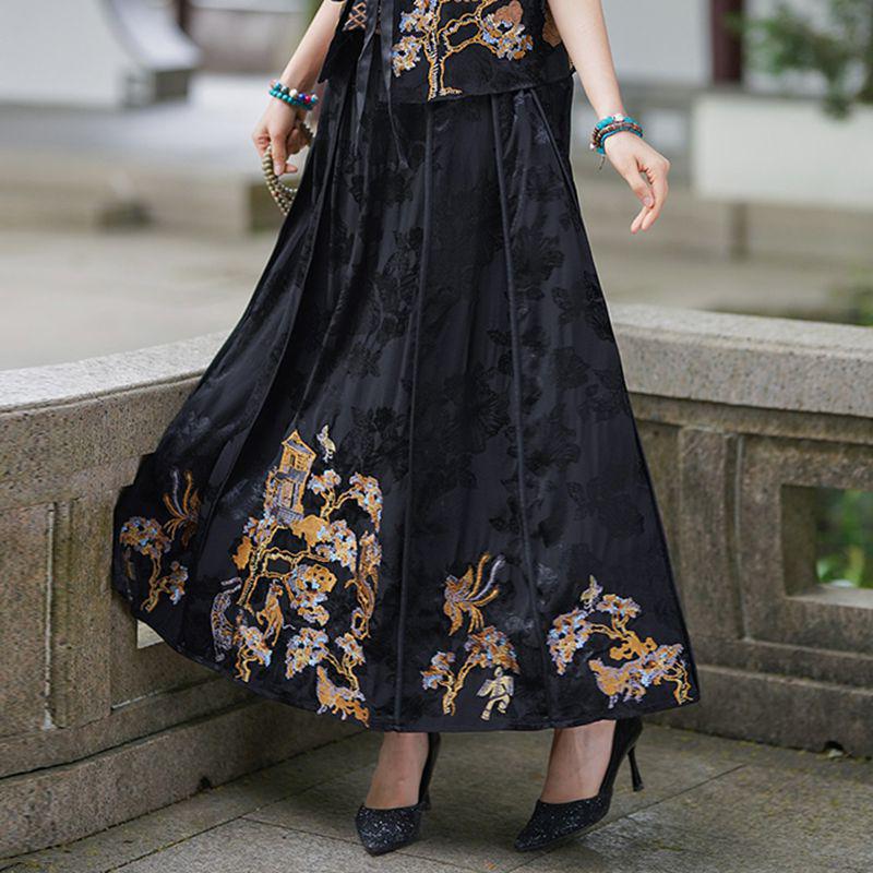 

2025 Ethnic Style Embroidered A-line Long Skirt with Elastic Waist One Size