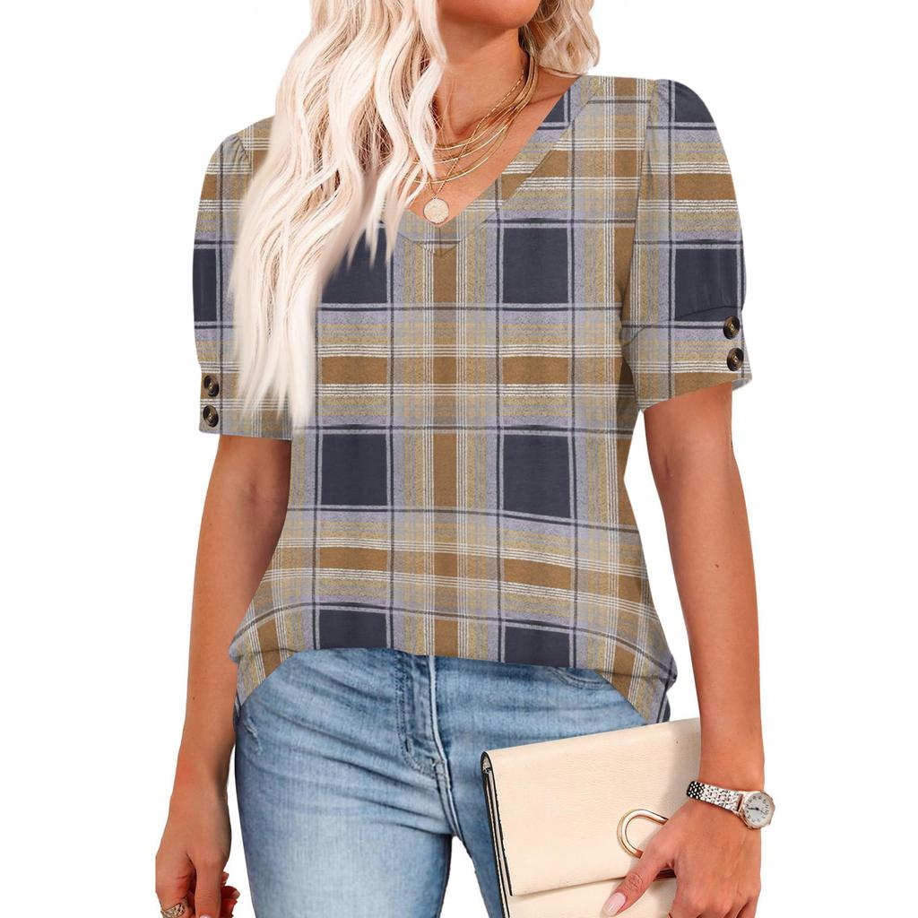 Damen Tops Kurzarmhemden Knöpfe V-Ausschnitt Mode Outfits Blusen Lässig