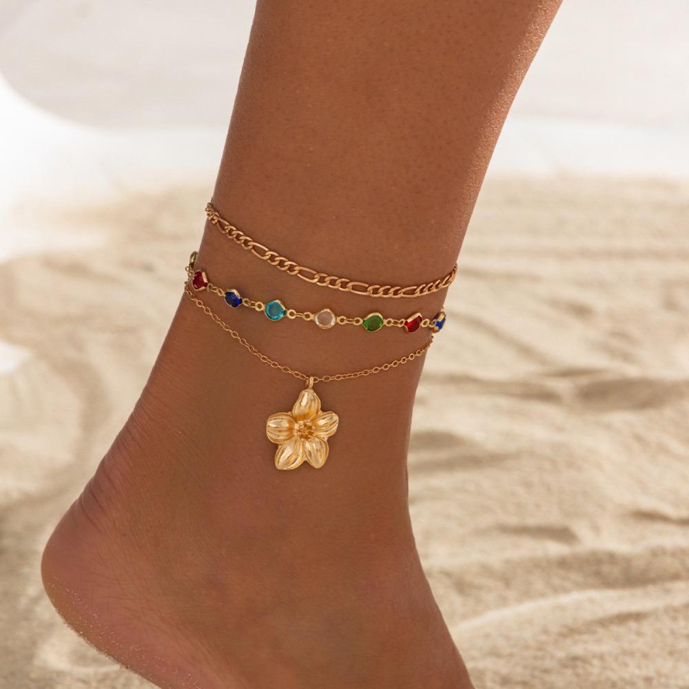 3pcs Set Bohemian Retro Colorful Crystal Chain Metal Flower Pendant Anklets for Women Beach Vacation Foot Jewelry Accessory Gift